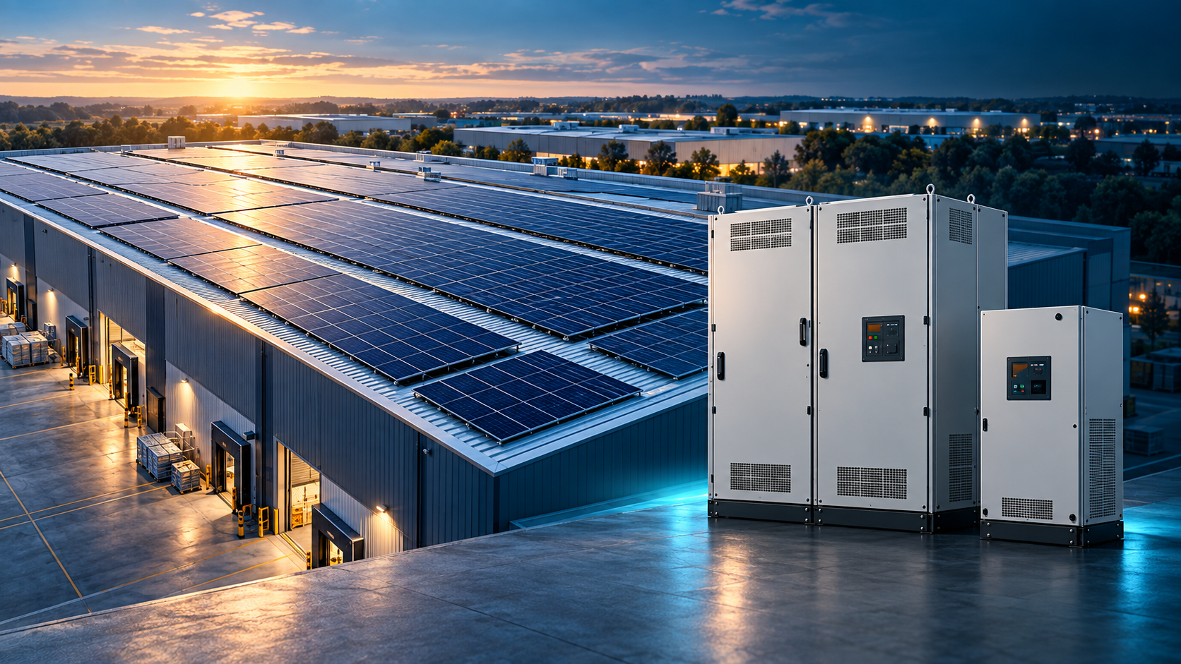 Commercial rooftop solar panels with battery storage cabinets at an industrial site